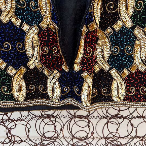 Vintage Laurence Kazar art deco bead sequin silk blouse gold chain pattern - Picture 6 of 10